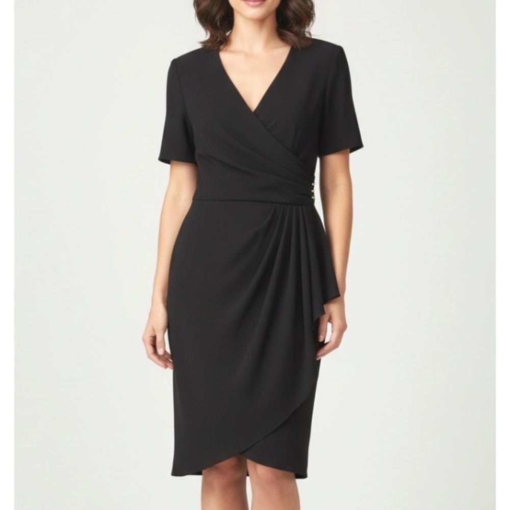 VTG LESLIE FAY Evenings BLACK CREPE DRESS Pleated Draped w/Rhinestone Buttons 14